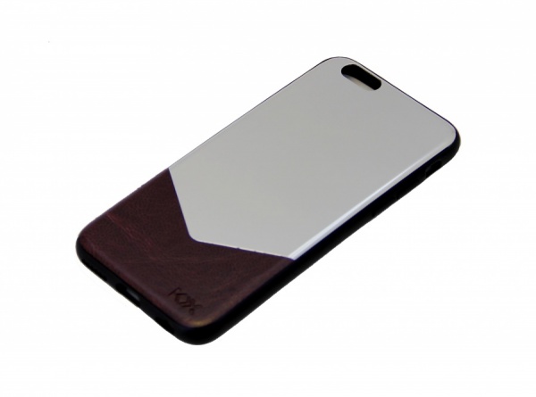 Силиконовый чехол для iPhone 6 со вставками металла и кожи. Серебро и коричневый.